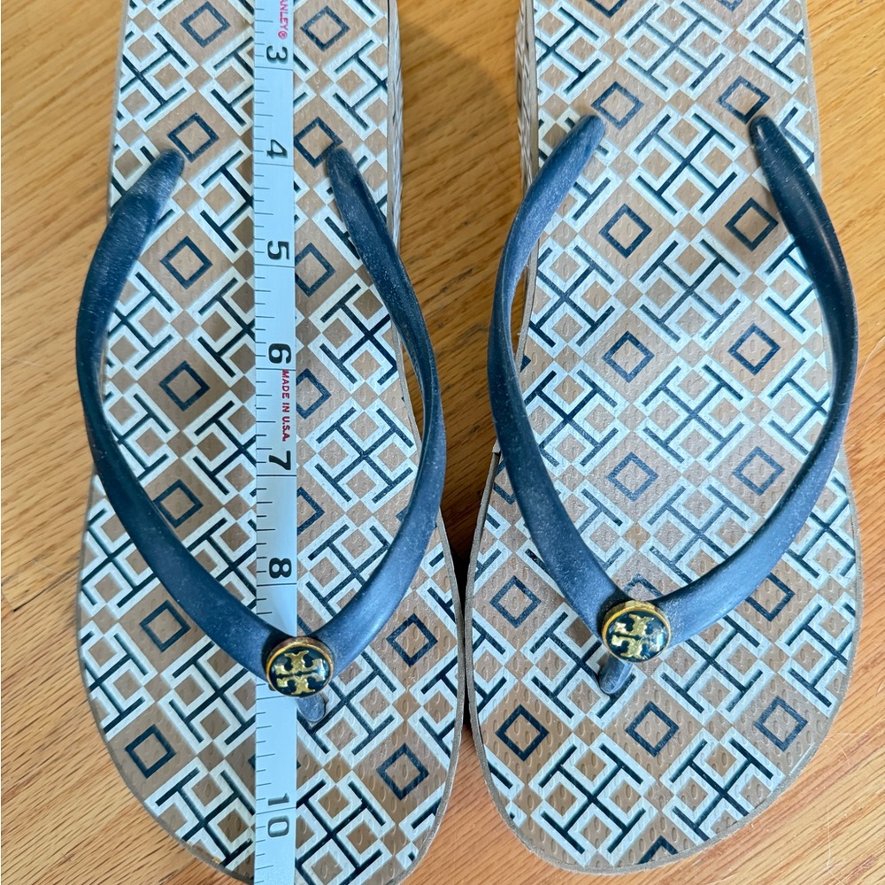 Tory Burch navy and taupe Geometric Flip Flops